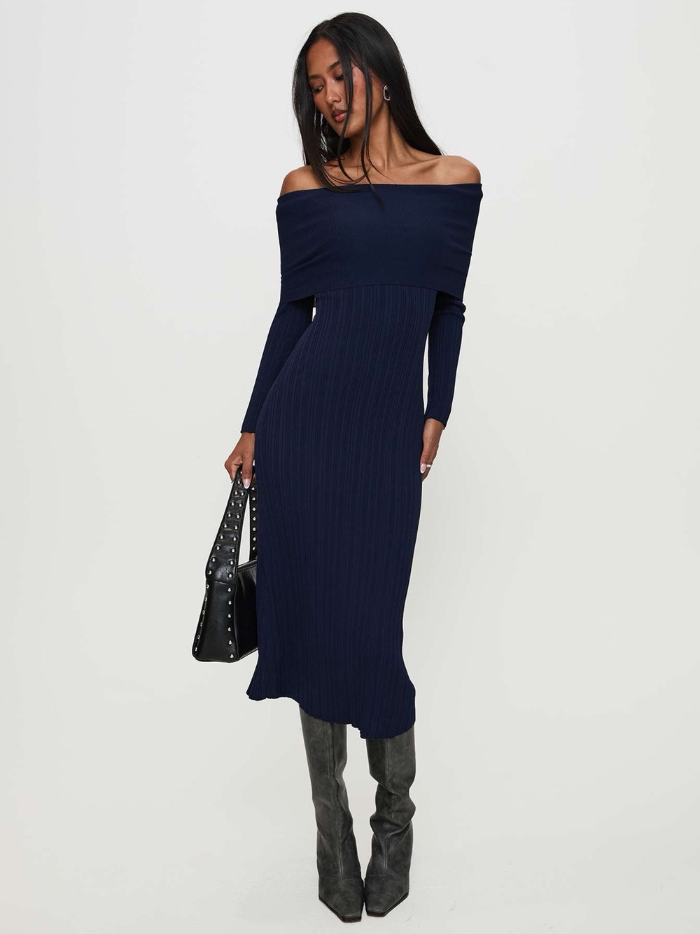 Princess Polly One-Shoulder Ribbed Midi Dress in Navy